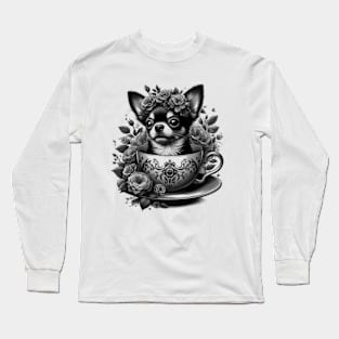 chihuahua peeking dog out from a teacup, surrounded by delicate flowers Long Sleeve T-Shirt